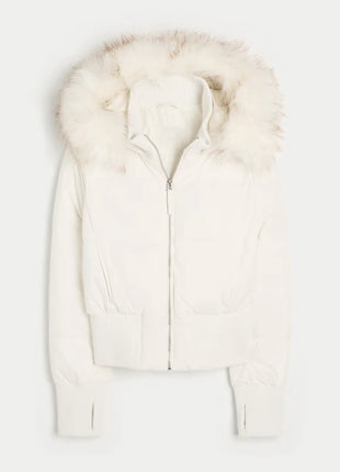 Giacca corta chic con tasca con cerniera a maniche lunghe Cappotto trapuntato con cappuccio in pelliccia sintetica da donna di moda 2025 Capispalla imbottito invernale New Lady