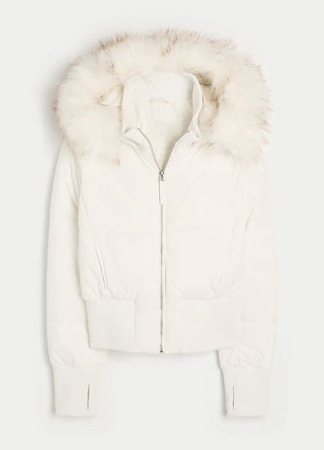 Giacca corta chic con tasca con cerniera a maniche lunghe Cappotto trapuntato con cappuccio in pelliccia sintetica da donna di moda 2025 Capispalla imbottito invernale New Lady