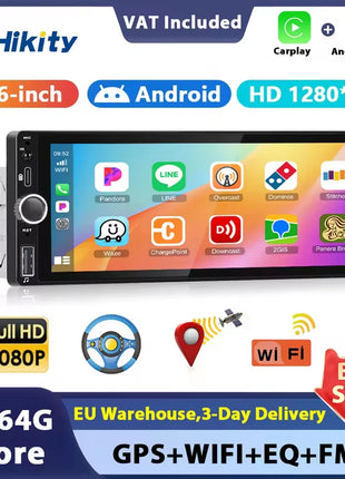 Hikity 2+64G Carplay Android 1din Car Radio Android Auto Stereo 6.86" GPS Navigation Player support FM WiFi USB Rear Camera - Riparo82