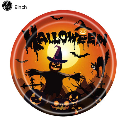 Halloween Theme Disposable Tableware Paper Plates Cups Straws Tablecloth Banner Spiral Cake Topper Happy Halloween Party Decor