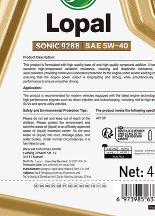 Lopal SONIC 9388,5W-40,C3 SP 4L * 4 Bottiglia Olio Motore per Auto Protezione Avanzata 16L Lubrificante Olio Motore Sintetico Completo per Auto Camion