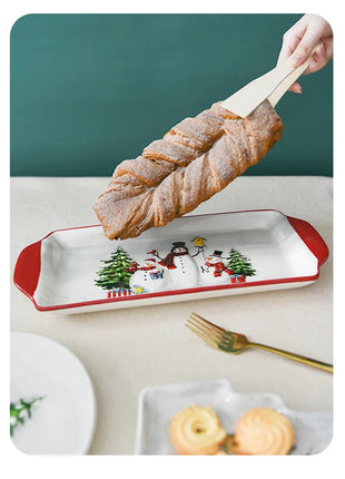 Piatto in ceramica natalizia Piatto da pranzo rettangolare in rilievo creativo di Babbo Natale Piatto da dessert per torta occidentale Stoviglie da cucina - riparo82