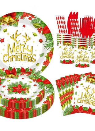 Set di stoviglie natalizie con campana a forma di fiore da 10 pezzi, stoviglie usa e getta, bicchieri di carta e piatti di carta, stoviglie per feste di Natale all'ingrosso - riparo82