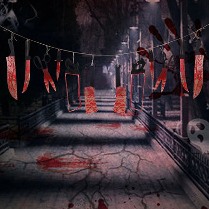 Lofytain 12pcs/lot Halloween Plastic Blood Knife Tools Sets Horror Spooky Haunted House Hanging Knife Garland Banner