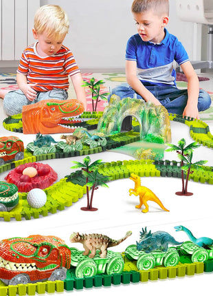 I giocattoli del treno dei dinosauri creano un set da gioco flessibile da corsa su strada del mondo dei dinosauri, auto da corsa dei giocattoli dei dinosauri per le ragazze dei vecchi