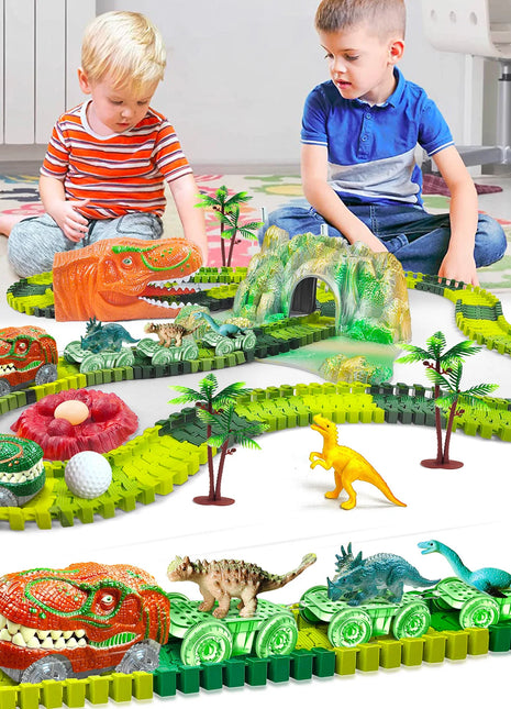 I giocattoli del treno dei dinosauri creano un set da gioco flessibile da corsa su strada del mondo dei dinosauri, auto da corsa dei giocattoli dei dinosauri per le ragazze dei vecchi