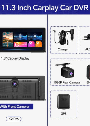 11.3" Dash Cam 4K Car Mirror Wireless Carplay Android Auto Multimedia Player GPS WiFi Universal Black Box Rearview Camera AUX BT - Riparo82