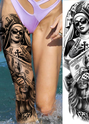 1 Sheet Full Arm Evil Witch Vampire Temporary Tattoos Sleeve Halloween Scary Skull Tatoo Waterproof Horrible Fake Tattoo Sticker - Riparo82