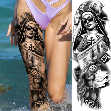 1 Sheet Full Arm Evil Witch Vampire Temporary Tattoos Sleeve Halloween Scary Skull Tatoo Waterproof Horrible Fake Tattoo Sticker