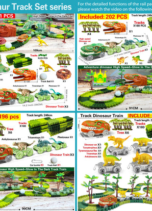 I giocattoli del treno dei dinosauri creano un set da gioco flessibile da corsa su strada del mondo dei dinosauri, auto da corsa dei giocattoli dei dinosauri per le ragazze dei vecchi