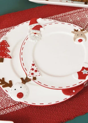 Piatto natalizio in ceramica Piatto rotondo creativo in rilievo di Babbo Natale Piatto da pranzo occidentale Torta Piatto da dessert Piatto da tavola natalizio - riparo82