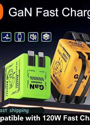 XIAOMI GaN Charger Compatible with 120W Fast Charger Retractable Type-C ligting Cable Portable Adapter For iPhone iPad Samsung - Riparo82
