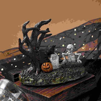 Halloween Figurines Tree Skull Pumpkin Crow Tombstone Figurine Resin Gothic Statue Ornaments Decor for Indoor Home Bookshelf