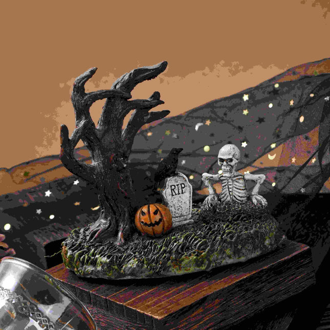 Halloween Figurines Tree Skull Pumpkin Crow Tombstone Figurine Resin Gothic Statue Ornaments Decor for Indoor Home Bookshelf