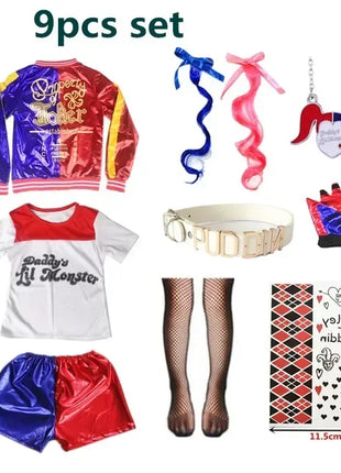 Natale Capodanno Carnevale Bambini Ragazze Suicide Harley Costumi Cosplay Squad Quinn Monster Joker Giacca Vestito adesivi per tatuaggi