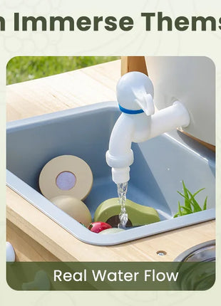 ROBUD Fango Cucina da esterno in legno massello Cucina da gioco con griglia per barbecue Rubinetto per lavello rimovibile Giocattoli Monteeori per bambini dai 3 anni in su - riparo82