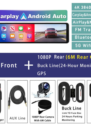 11.26" 4K 2160P Car Dvr Carplay Android Auto Dash Cam GPS WIFI BT FM Stream Rear View Mirror Dashcam Dvrs Camera Drive Recorder - Riparo82