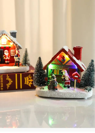 Winter Snow Christmas Village Building Santa House decorazione natalizia con Led Glow Desk Building Home Decor Holiday Ornament Gift