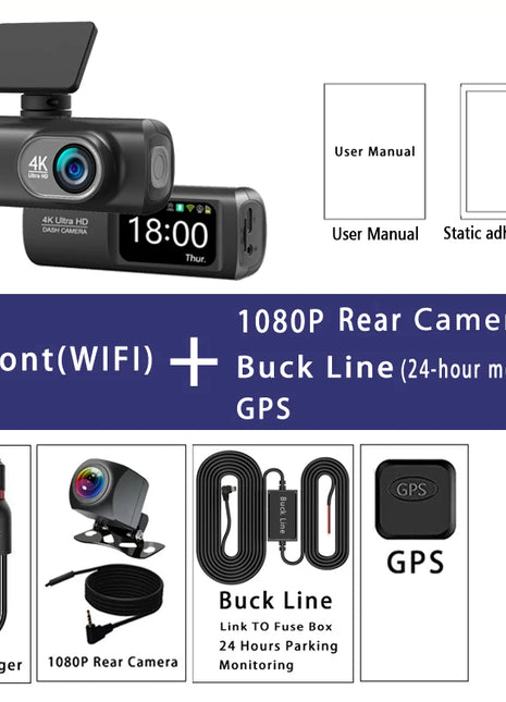 Dash Cam 4K+1080P Dual Lens WIFI GPS Car DVR Camera Video Drive Recorder Dashcam Dual Lens Black Box Front and Rear Night Vision - Riparo82