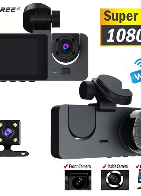 3-Channel Dash Cam Front Interior Rear 1080P Camera Recording WiFi Night Vision 170° Wide-Angle G-Sensor Loop Recording for Cars - Riparo82