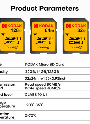 Scheda SD KODAK 64 GB 128 GB 32 GB U1 V30 Scheda di memoria SD Flash a grandezza naturale normale ad alta velocità per fotocamera