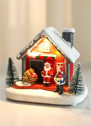 Winter Snow Christmas Village Building Santa House decorazione natalizia con Led Glow Desk Building Home Decor Holiday Ornament Gift