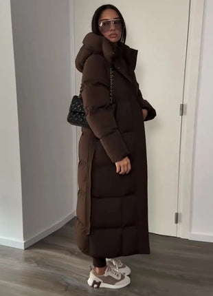 Cappotto lungo in cotone con cappuccio trapuntato imbottito da donna caldo Colletto alla coreana solido allentato Cappotti con cerniera con lacci 2025 Capispalla invernale da donna