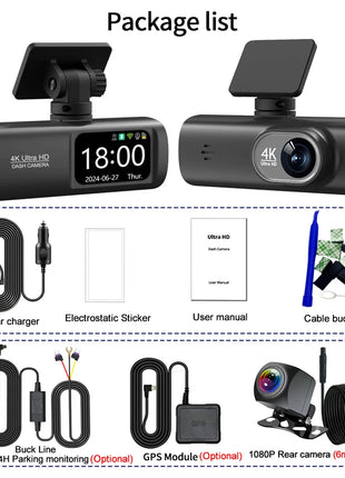 Dash Cam 4K UHD for Car Camera Front Rear Dual Lens With GPS WiFi 24h Parking Mode Night Vision Car DVR Video Registrator - Riparo82