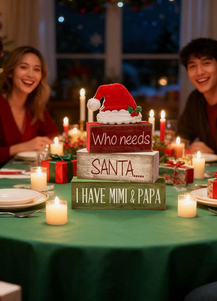 4 pezzi di cappello da Babbo Natale in legno, decorazioni da tavolo, vassoi a più livelli, decorazioni rustiche per il centro del tavolo di Natale con cartelli a blocchi, decorazioni natalizie - riparo82