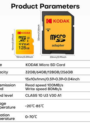 KODAK Scheda di memoria Micro SD 32GB 64GB 128GB 256GB U3 4K Scheda Microsd TF di grande capacità per telefono Fotocamera Tablet PC Telefono