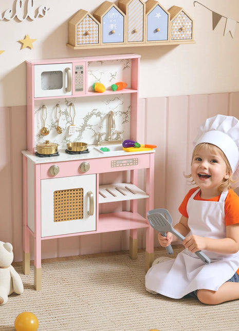 Aiyaplay Cucina giocattolo in legno con suono, Cucina per bambini con accessori in acciaio inossidabile, Microonde, Forno, Lavello, Verdure tagliate, per bambini dai 3 anni, Rosa - riparo82