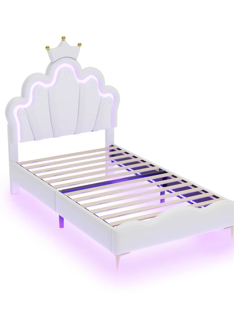 Comanlai Letto per bambini 90x200 cm con luce LED e testiera a forma di corona, letto imbottito con rete a doghe, pelle PU, bianco