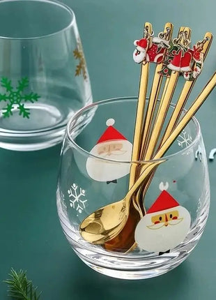 Cucchiaini da caffè e forchette per torte con decorazioni natalizie da 4 pezzi con ornamenti per bambole di Natale, set di posate in metallo dorato, forniture per feste - riparo82