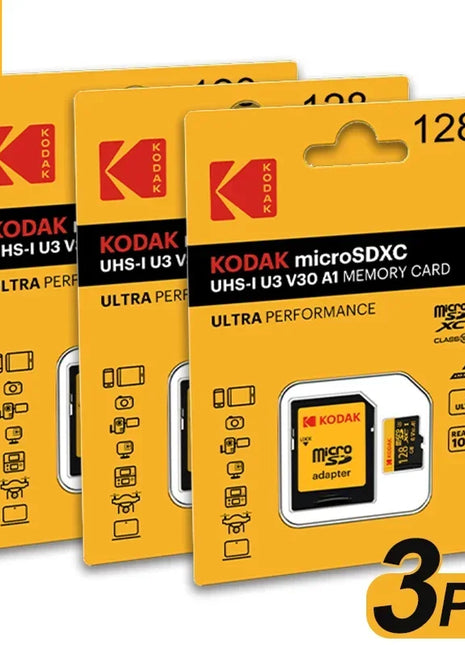 3 pezzi Kodak SD Card 128GB SD/TF Flash Card Mini schede SD con adattatore SD gratuito Scheda di memoria Flash Class10 V30 U3 per fotocamera portatile