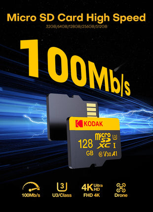 Scheda di memoria KODAK Micro SD 512GB 256GB FINO A 100 MB/s C10 U3 32GB 64GB 128GB Scheda TF 4K HD per adattatore lettore di schede USB Microsd