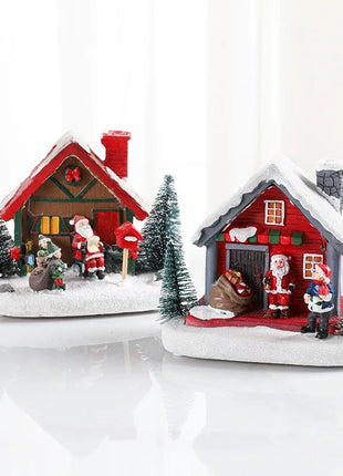 Winter Snow Christmas Village Building Santa House decorazione natalizia con Led Glow Desk Building Home Decor Holiday Ornament Gift
