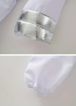 Costume da astronauta americano per bambini, costume da astronauta, stampa deluxe, cartone animato, bianco, tuta, gioco di ruolo di Halloween, guanti da avventura, set di cappelli