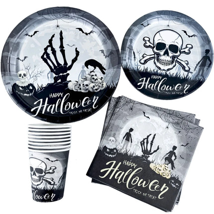 Halloween Theme Disposable Tableware Paper Plates Cups Straws Tablecloth Banner Spiral Cake Topper Happy Halloween Party Decor
