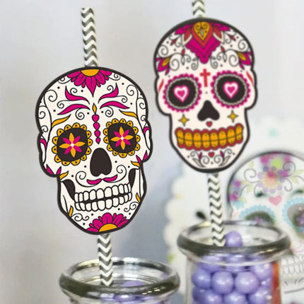 24Pcs Skull Paper Drinking Straw Cocktail Juice Disposable Straws Tableware for Mexican Day of The Dead Halloween Party Decor