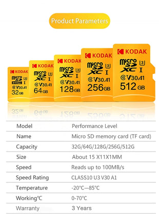 Scheda di memoria MicroSD KODAK 256 GB 128 GB FINO A 100 MB/s Class10 U3 32 GB 64 GB Scheda di memoria TF Microsd per PC Samrtphone