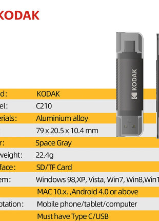 Scheda Micro Sd KODAK con lettore di schede Scheda di memoria Microsd ad alta velocità da 128 GB 256 GB Scheda TF video HD per droni DJI Pocket Cams
