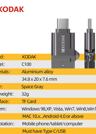 Scheda Micro Sd KODAK con lettore di schede Scheda di memoria Microsd ad alta velocità da 128 GB 256 GB Scheda TF video HD per droni DJI Pocket Cams