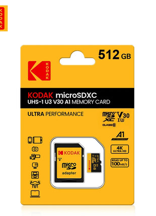 Scheda di memoria KODAK Micro SD 512GB 256GB FINO A 100 MB/s C10 U3 32GB 64GB 128GB Scheda TF 4K HD per adattatore lettore di schede USB Microsd