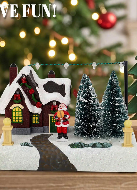 Scena del villaggio di Natale Edificio da collezione con luci Alberi Babbo Natale Città di neve Decorazione del paesaggio Camino da scrivania per la casa delle vacanze