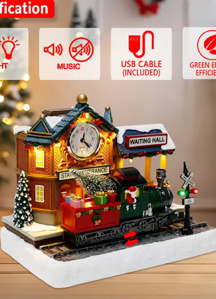 Scena animata del villaggio di Natale con treno e orologio in movimento Luci a LED Musica e stazione ferroviaria Decorazione per interni per edifici natalizi - riparo82