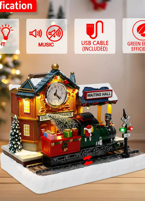 Scena animata del villaggio di Natale con treno e orologio in movimento Luci a LED Musica e stazione ferroviaria Decorazione per interni per edifici natalizi - riparo82