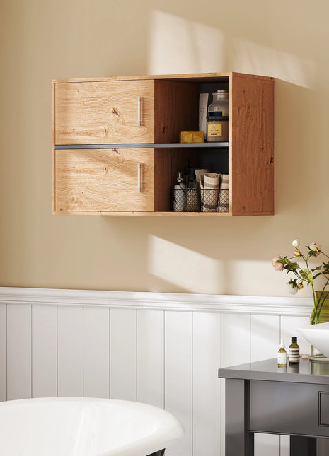 Homcom Mobile da bagno a parete con scomparti aperti e 2 ante Mobili da bagno moderni 80X35X57,5 cm Naturale