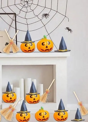 24 Pcs Halloween Mini Witch Hat & Broom Set  8 Witch Hats, 8 Brooms, 8 Pumpkin Heads - Halloween Party Favors, Decoration - Riparo82