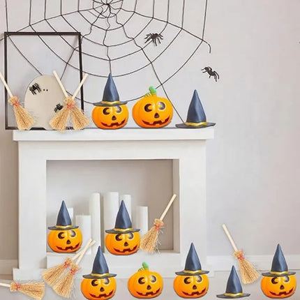 24 Pcs Halloween Mini Witch Hat & Broom Set  8 Witch Hats, 8 Brooms, 8 Pumpkin Heads - Halloween Party Favors, Decoration