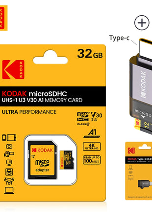 Scheda Micro Sd KODAK con lettore di schede Scheda di memoria Microsd ad alta velocità da 128 GB 256 GB Scheda TF video HD per droni DJI Pocket Cams